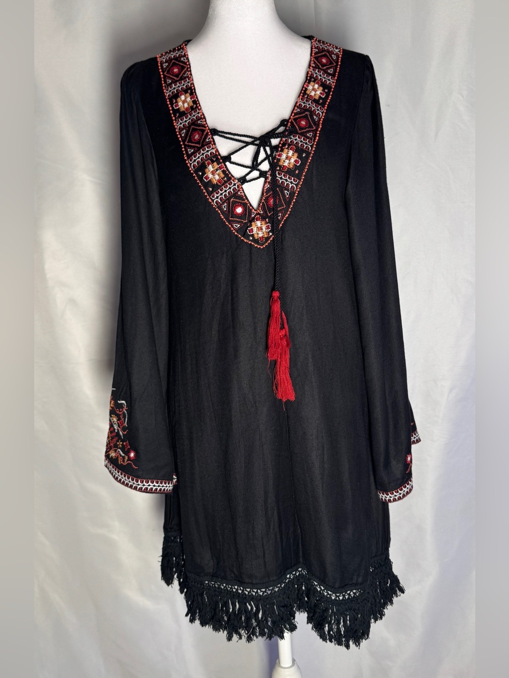 Embroidered Black Boho Tassel Dress